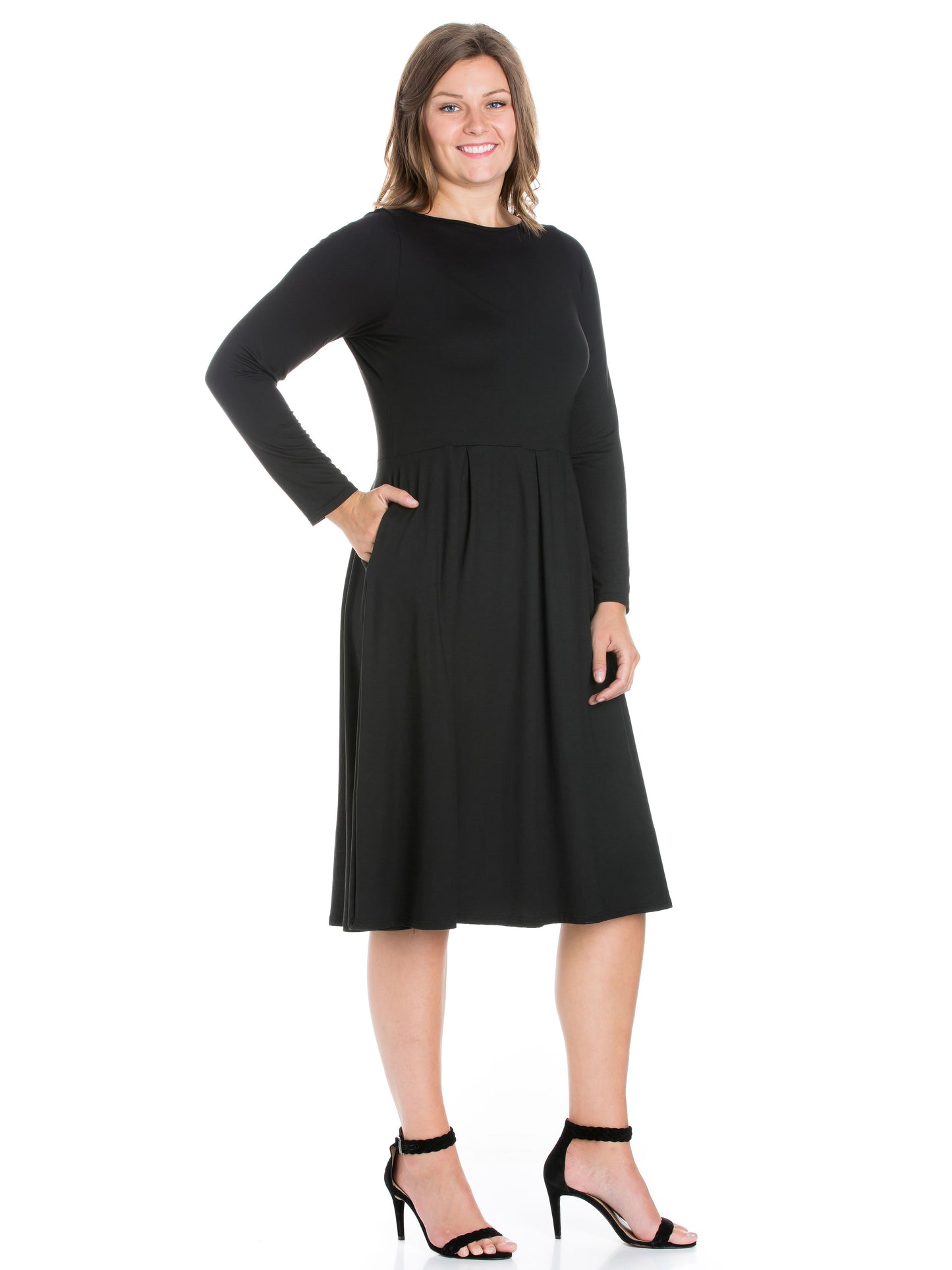 Womens Curvy Black Long Sleeve Fit and Flare Midi Dress