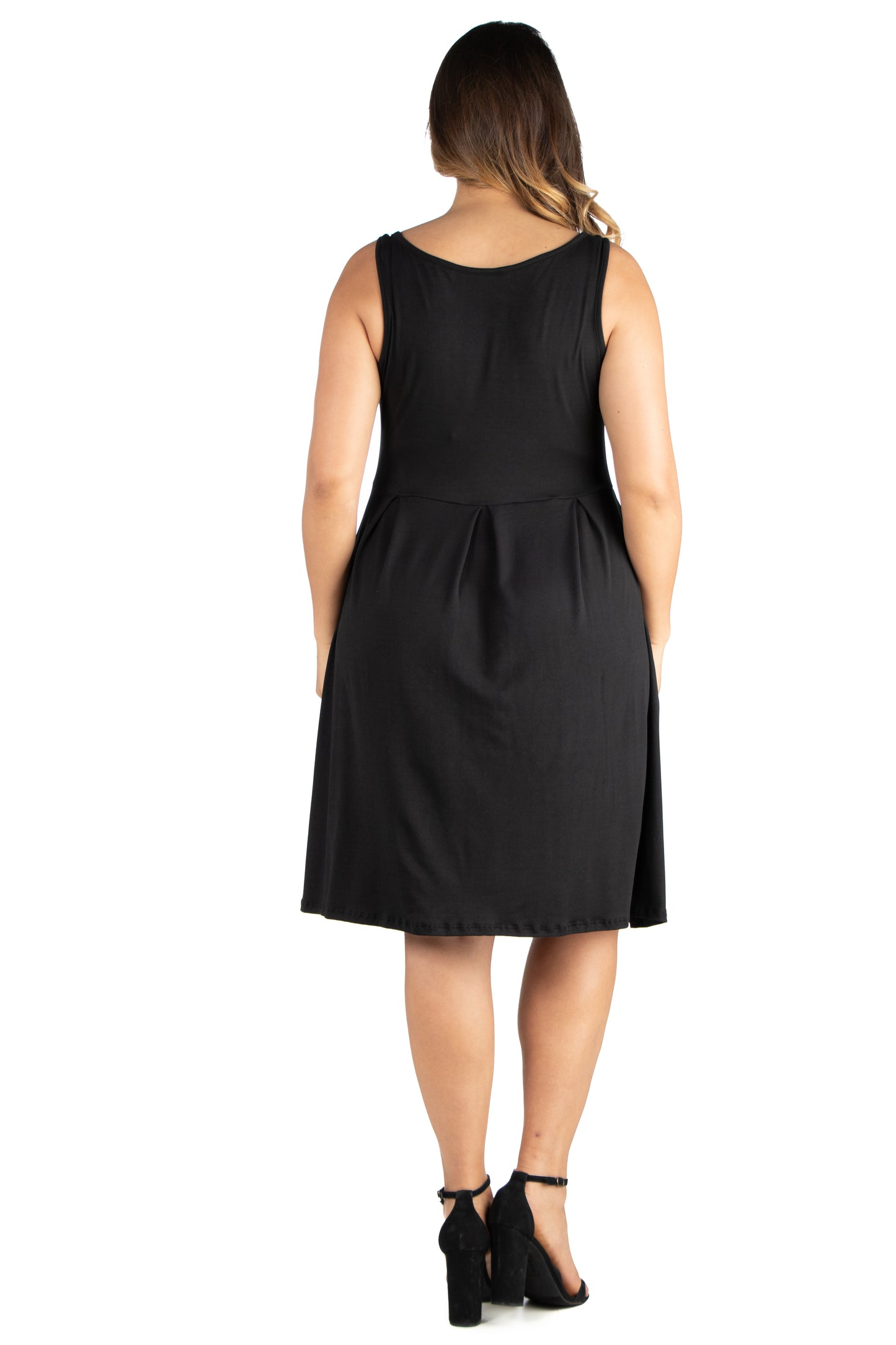 Womens Curvy Black Sleeveless Midi Fit and Flare Pocket Dress