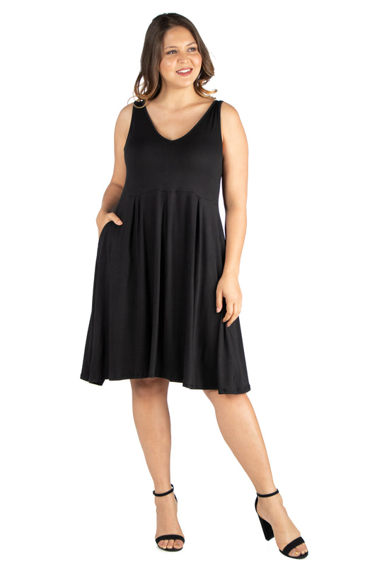 Womens Curvy Black Sleeveless Midi Fit and Flare Pocket Dress