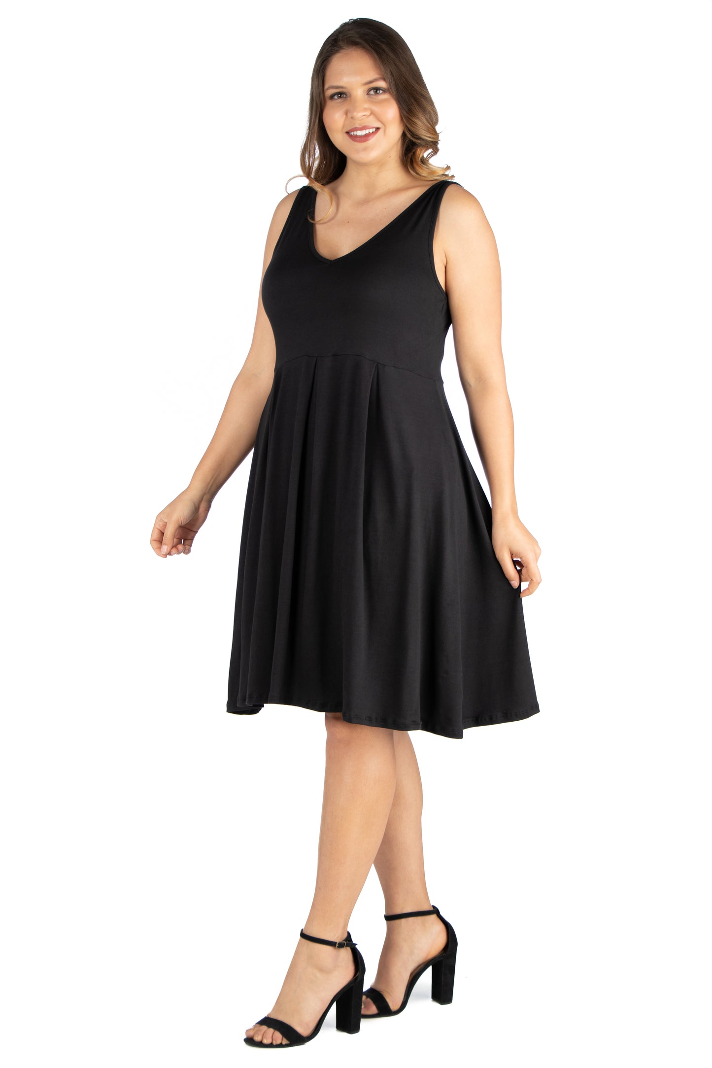 Womens Curvy Black Sleeveless Midi Fit and Flare Pocket Dress