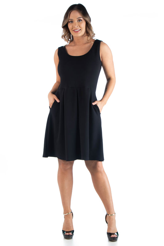 Womens Curvy Black Sleeveless Dress with Pockets
