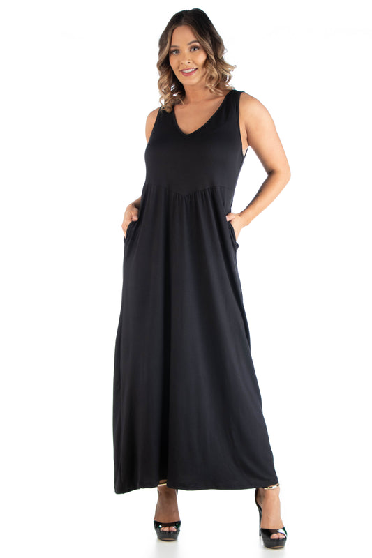 Womens Curvy Black Maxi Sleeveless Dress with Pockets