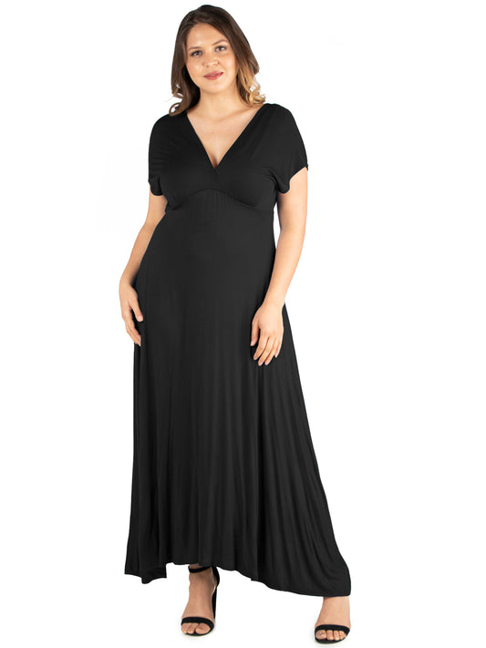 Womens Curvy Black Empire Waist V Neck Maxi Dress