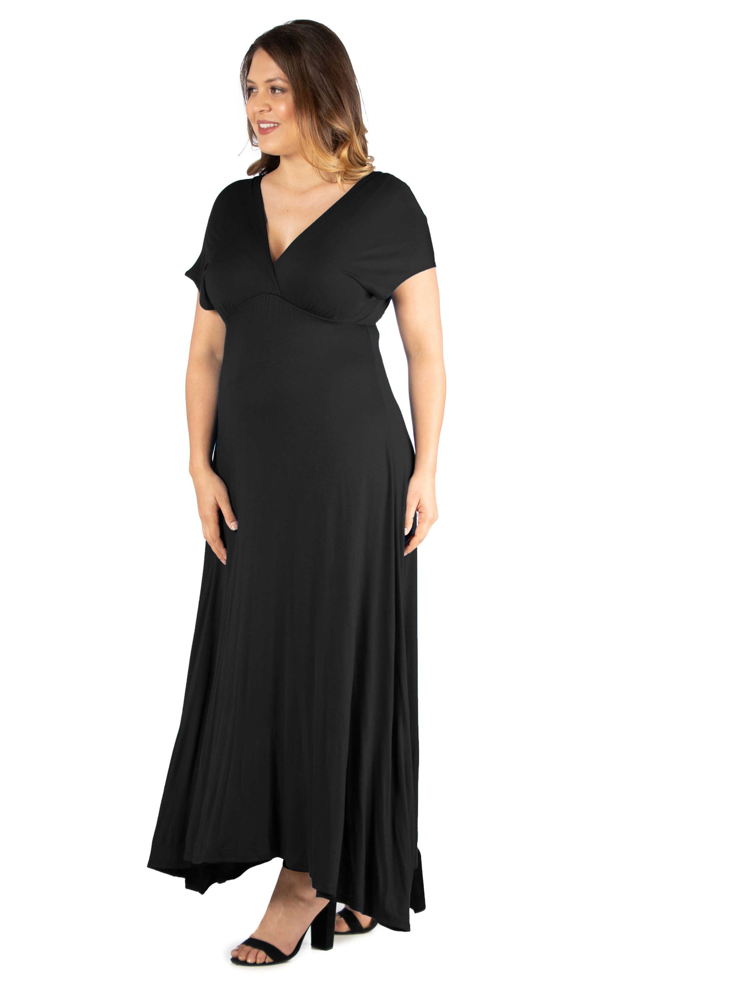 Womens Curvy Black Empire Waist V Neck Maxi Dress