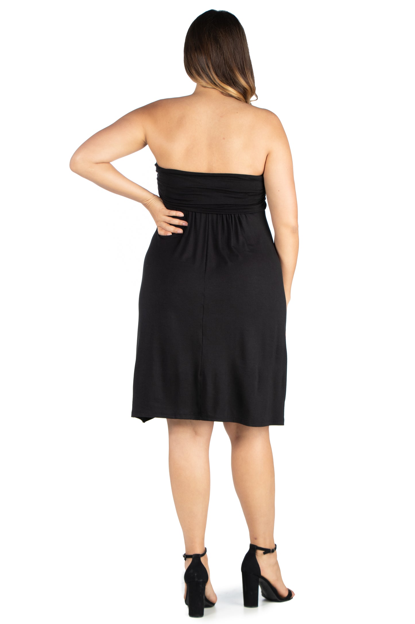 Womens Curvy Black Knee Length Strapless Mini Dress