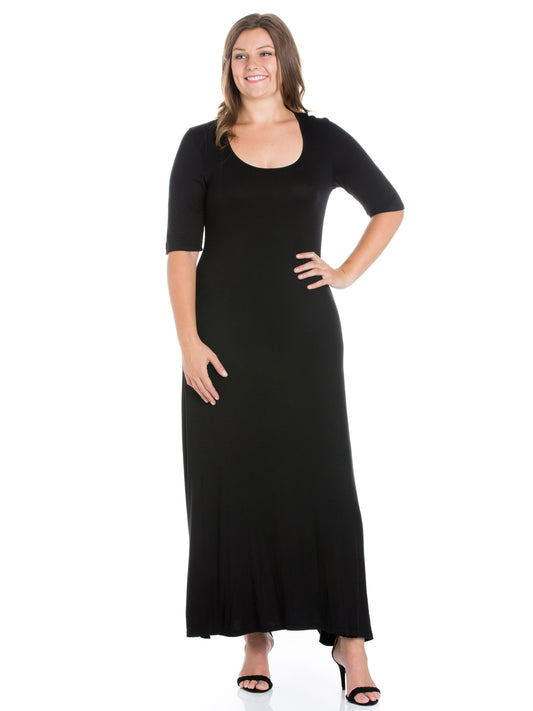 Womens Curvy Black Elbow Length Sleeve Maxi Dress