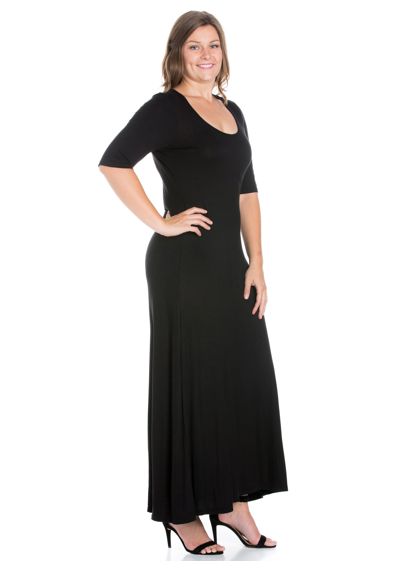 Womens Curvy Black Elbow Length Sleeve Maxi Dress