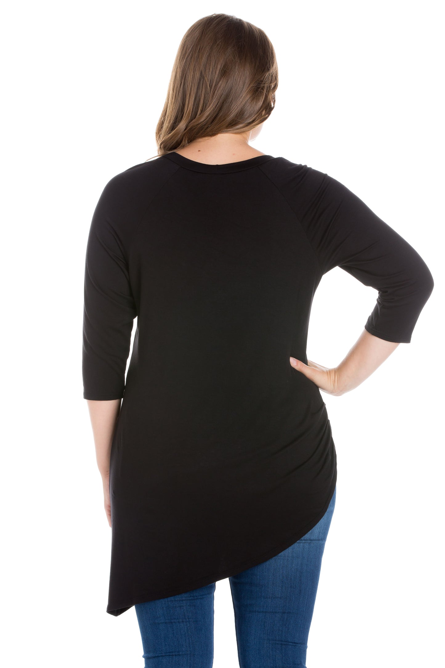 Womens Curvy Black Asymmetrical Three Quarter Sleeve Tunic Top