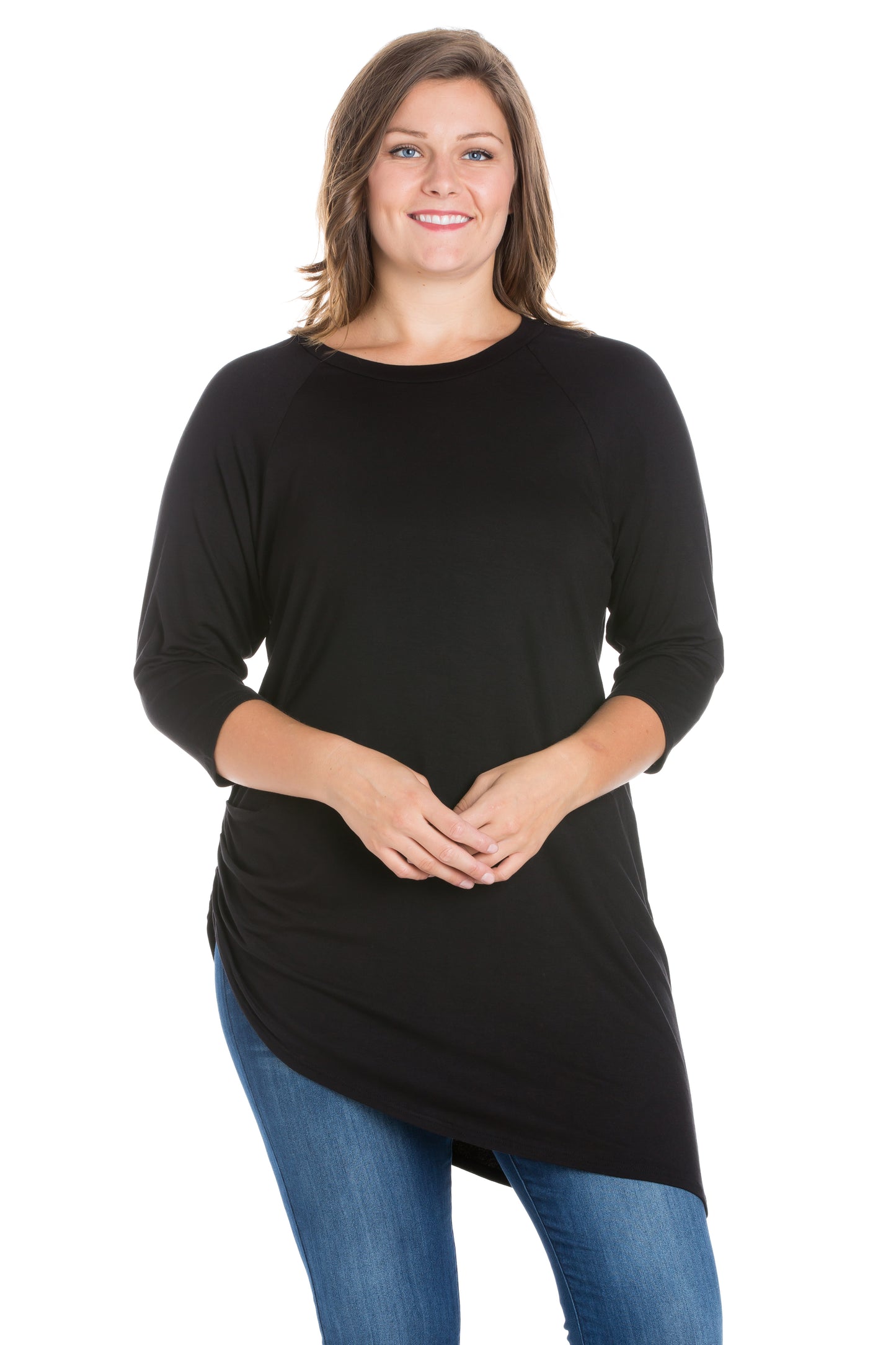 Womens Curvy Black Asymmetrical Three Quarter Sleeve Tunic Top