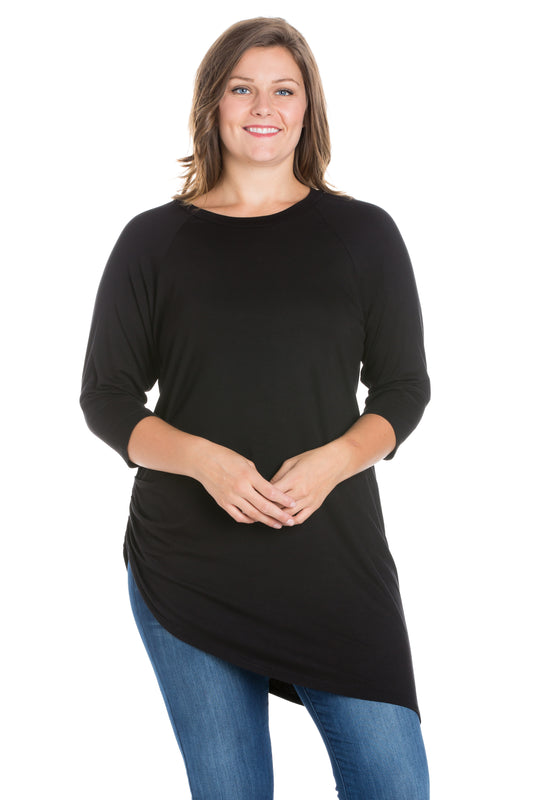 Womens Curvy Black Asymmetrical Three Quarter Sleeve Tunic Top