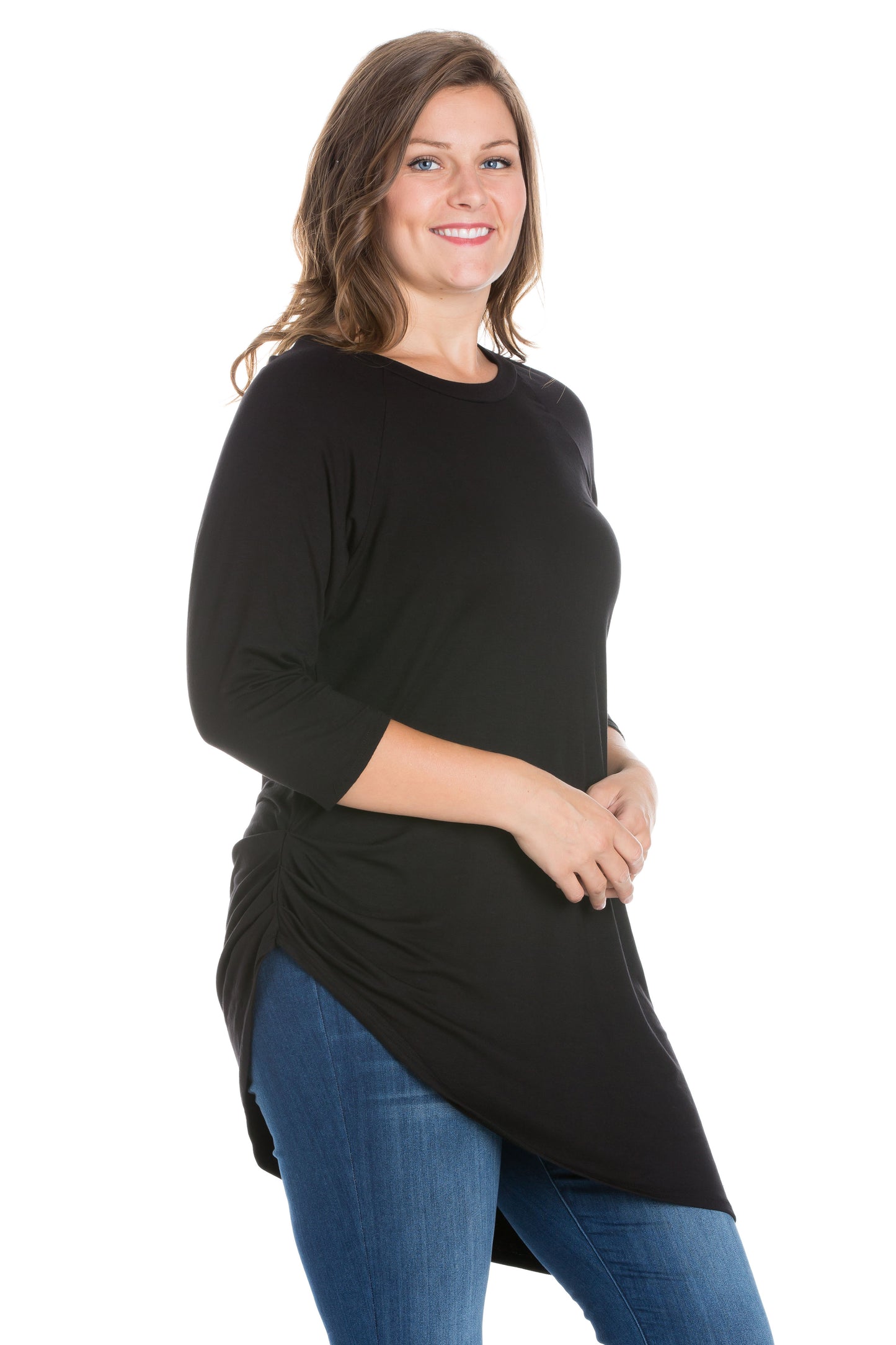 Womens Curvy Black Asymmetrical Three Quarter Sleeve Tunic Top