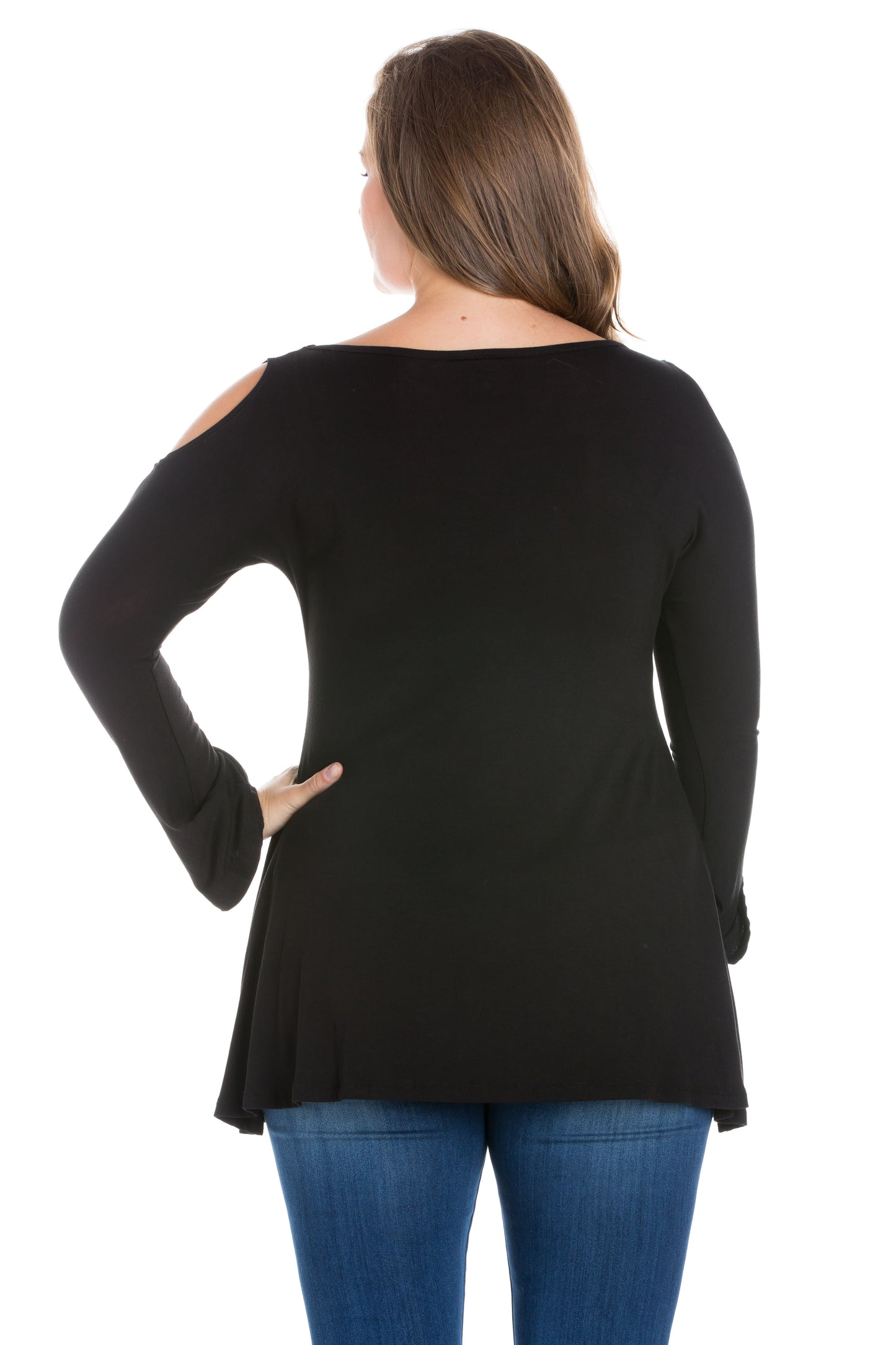 Womens Curvy Black Long Sleeve Criss Cross Cold Shoulder Top