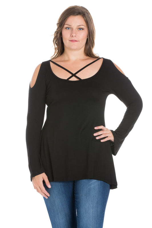 Womens Curvy Black Long Sleeve Criss Cross Cold Shoulder Top