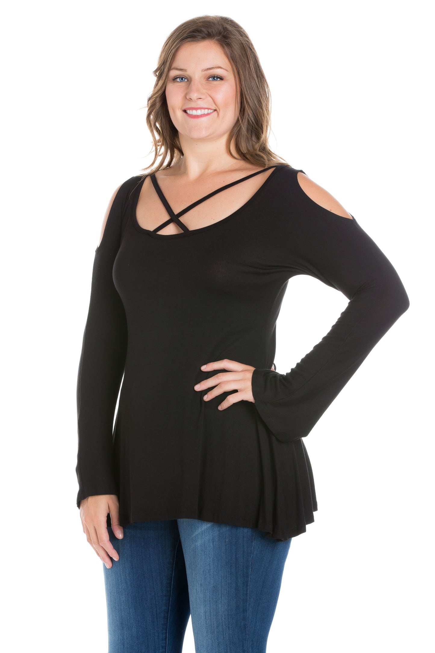 Womens Curvy Black Long Sleeve Criss Cross Cold Shoulder Top