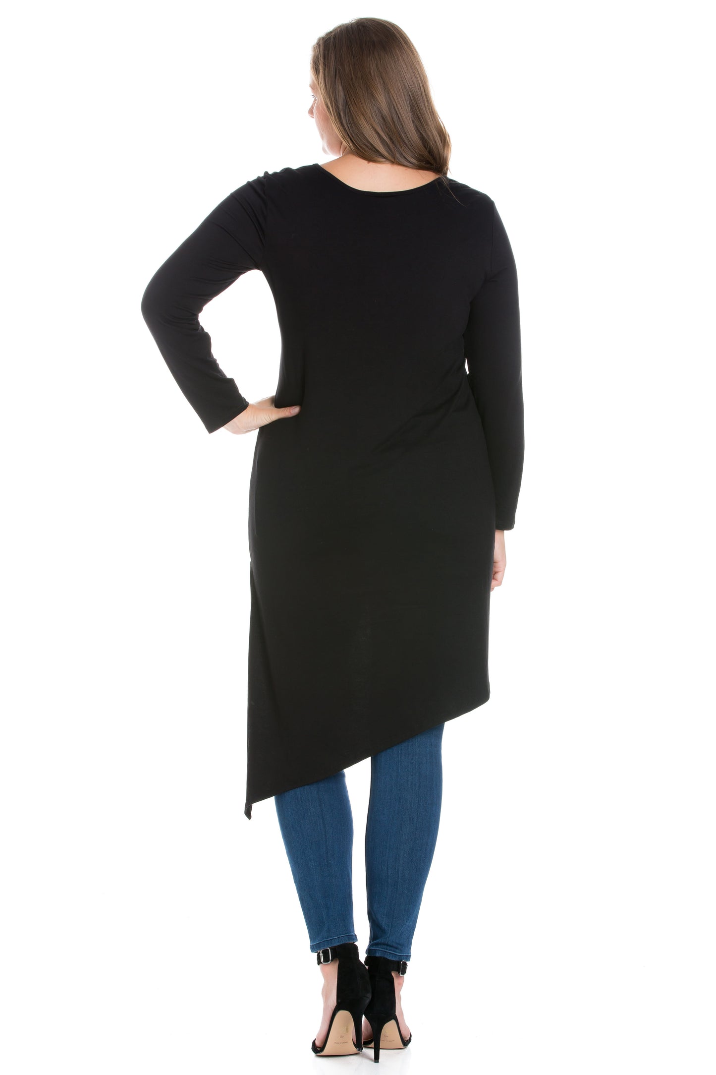 Womens Curvy Black Long Sleeve Knee Length Asymmetrical Tunic Top