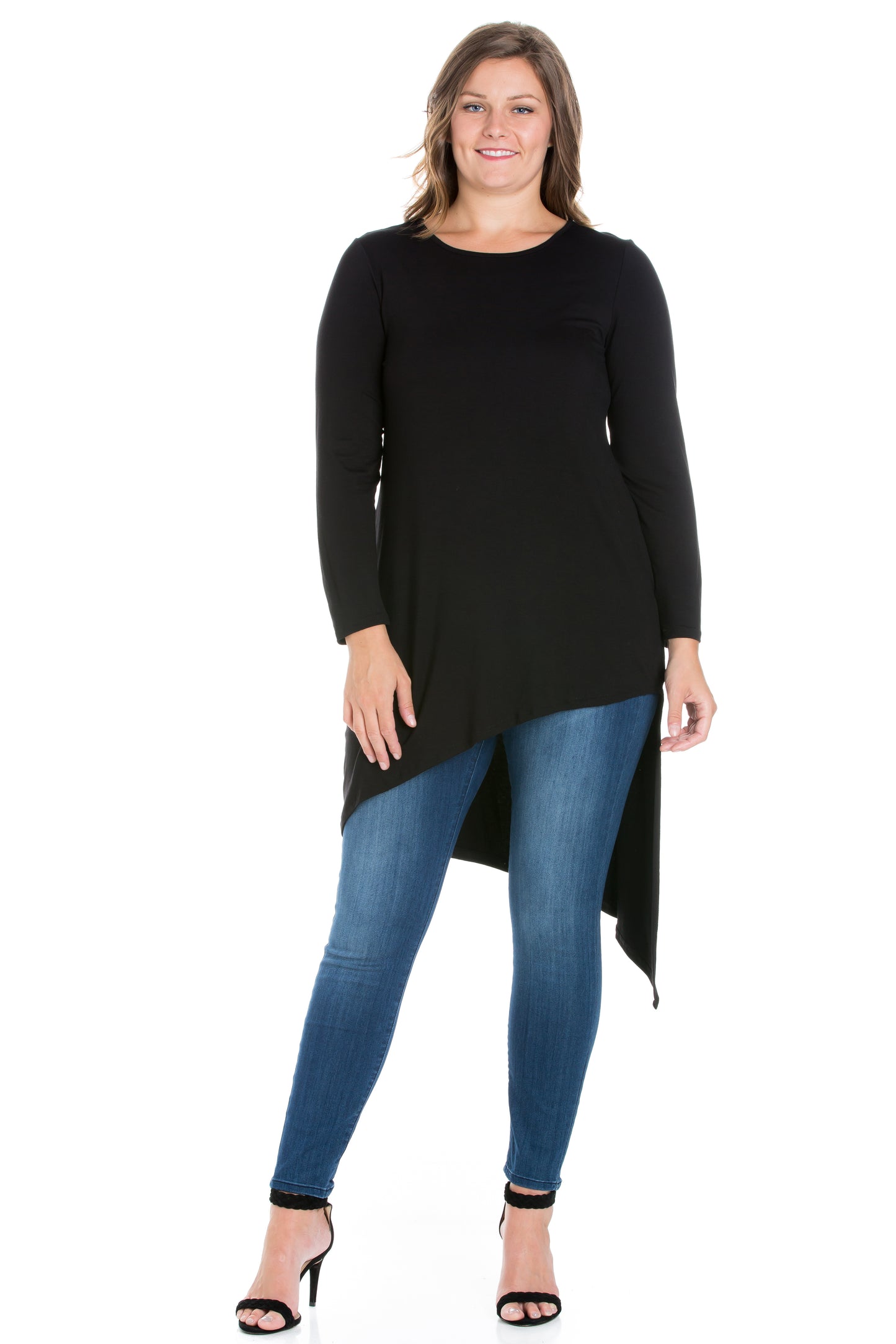 Womens Curvy Black Long Sleeve Knee Length Asymmetrical Tunic Top