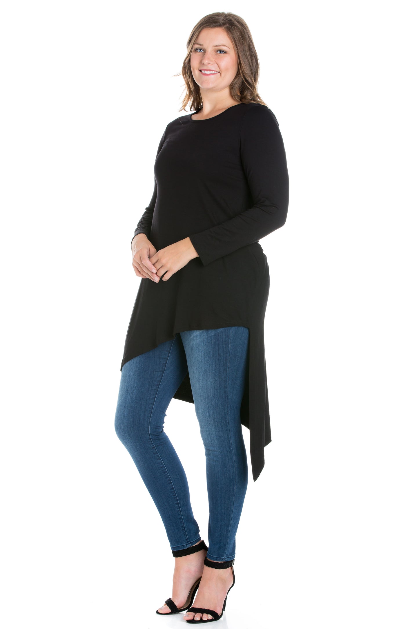 Womens Curvy Black Long Sleeve Knee Length Asymmetrical Tunic Top