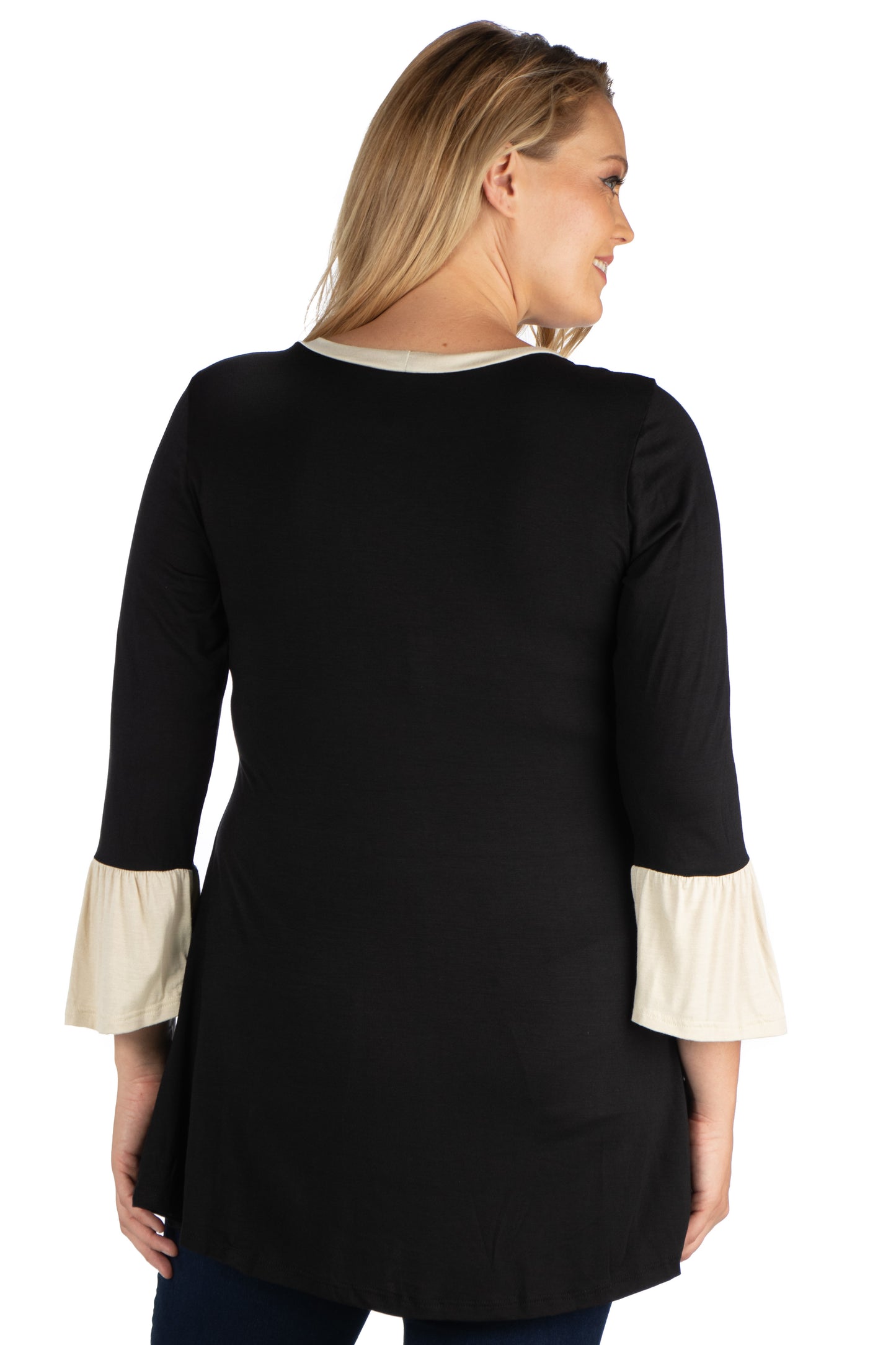 Womens Curvy Black Black and Beige Bell Sleeve Hi Low Tunic Top