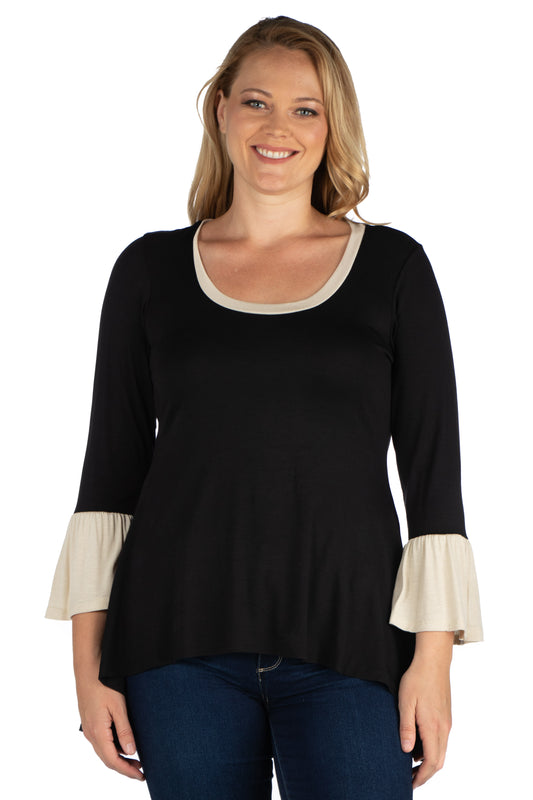 Womens Curvy Black Black and Beige Bell Sleeve Hi Low Tunic Top