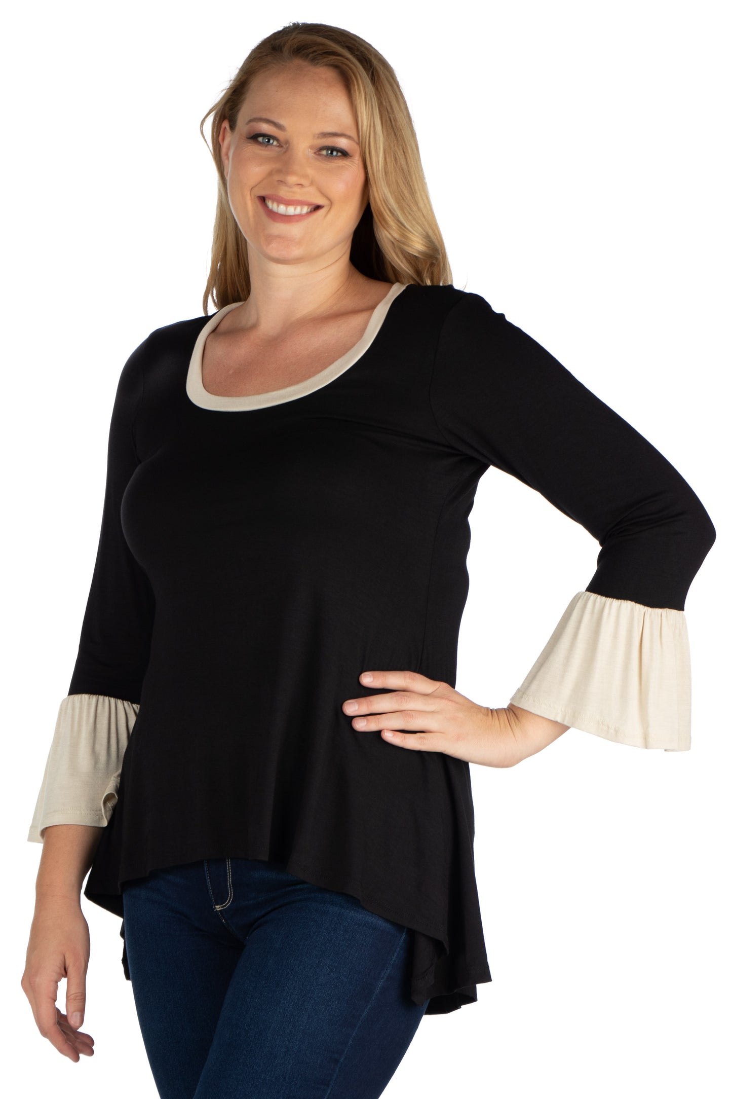 Womens Curvy Black Black and Beige Bell Sleeve Hi Low Tunic Top