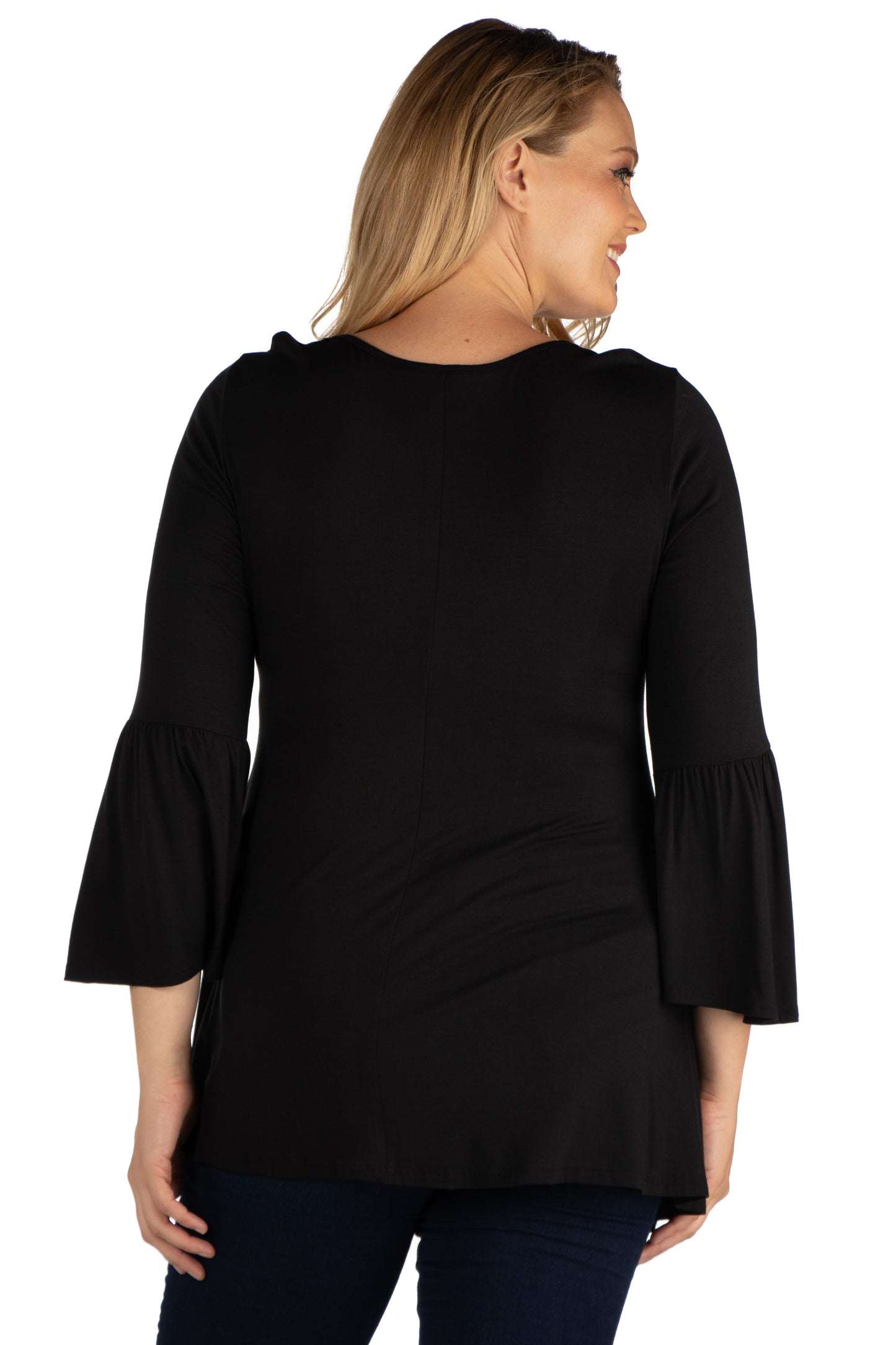 Womens Curvy Black Long Bell Sleeve Flared Tunic Top