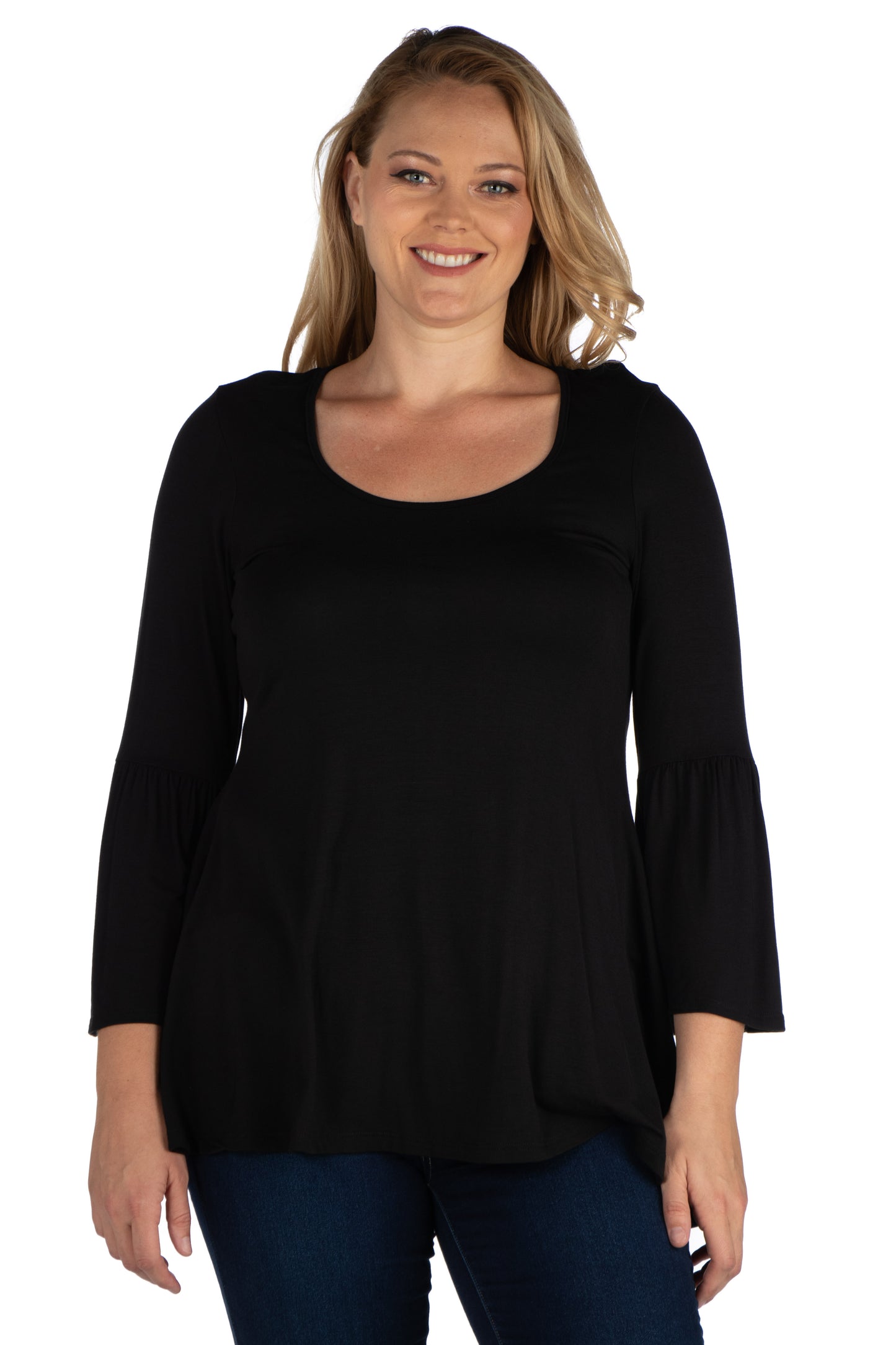 Womens Curvy Black Long Bell Sleeve Flared Tunic Top