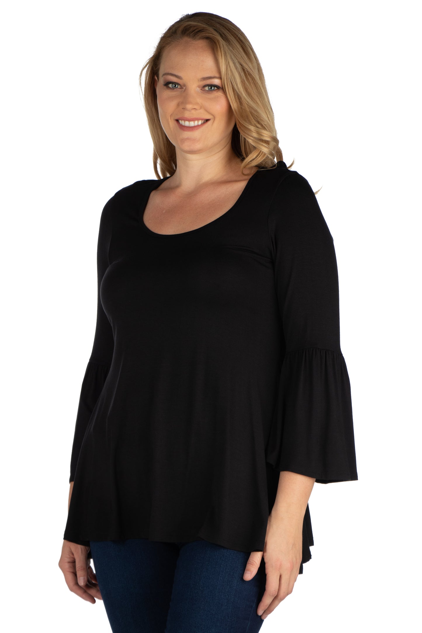 Womens Curvy Black Long Bell Sleeve Flared Tunic Top