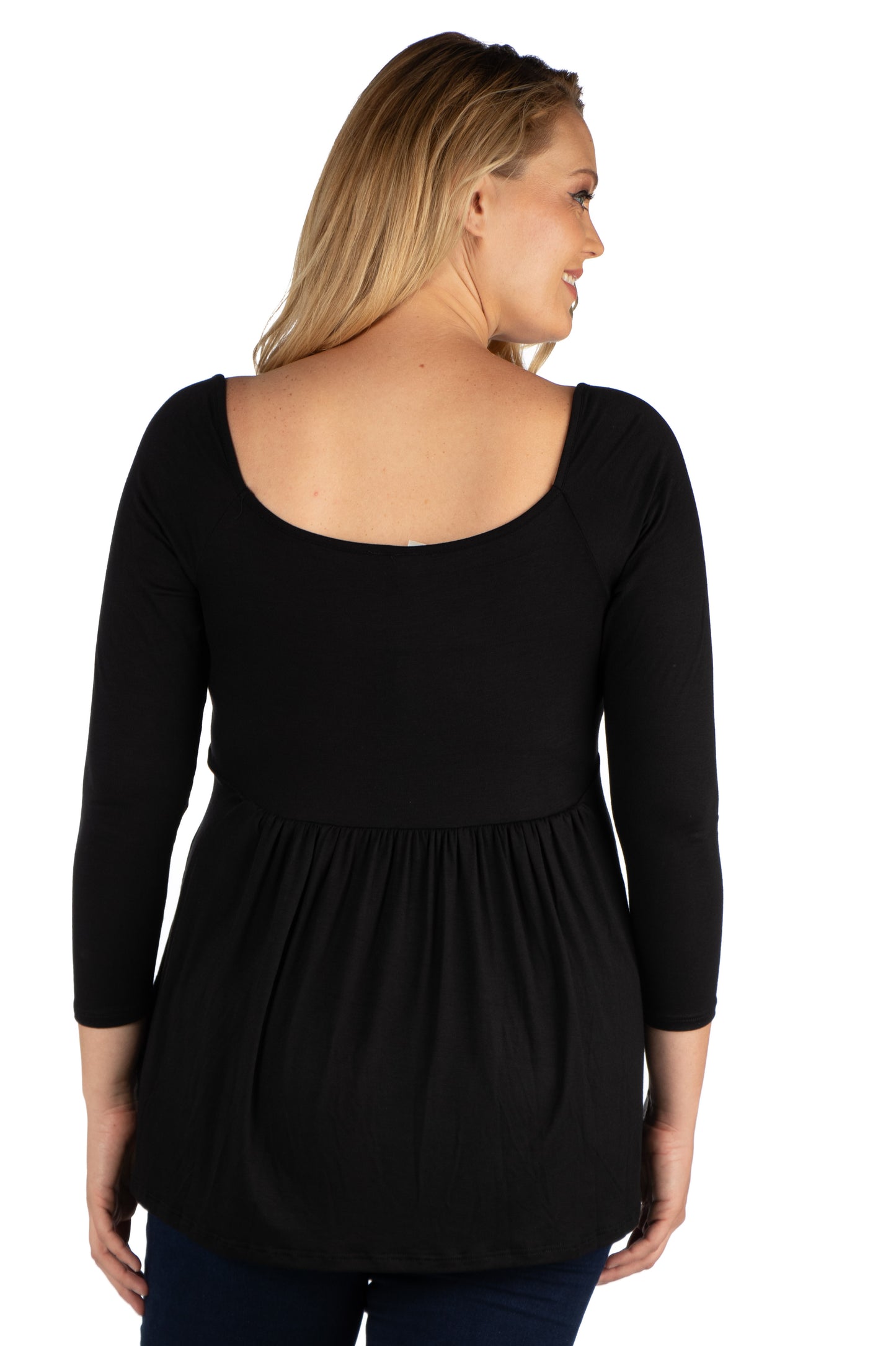 Womens Curvy Black Wide Neck Pleated Long Sleeve Tunic Top