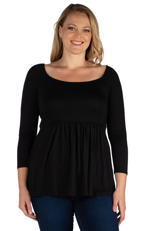 Womens Curvy Black Wide Neck Pleated Long Sleeve Tunic Top