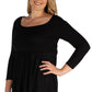 Womens Curvy Black Wide Neck Pleated Long Sleeve Tunic Top