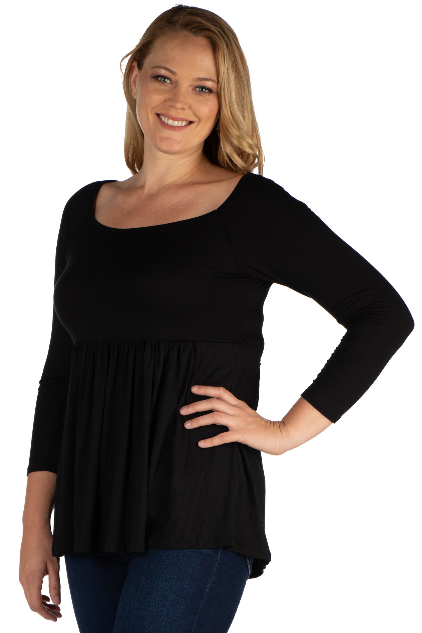 Womens Curvy Black Wide Neck Pleated Long Sleeve Tunic Top