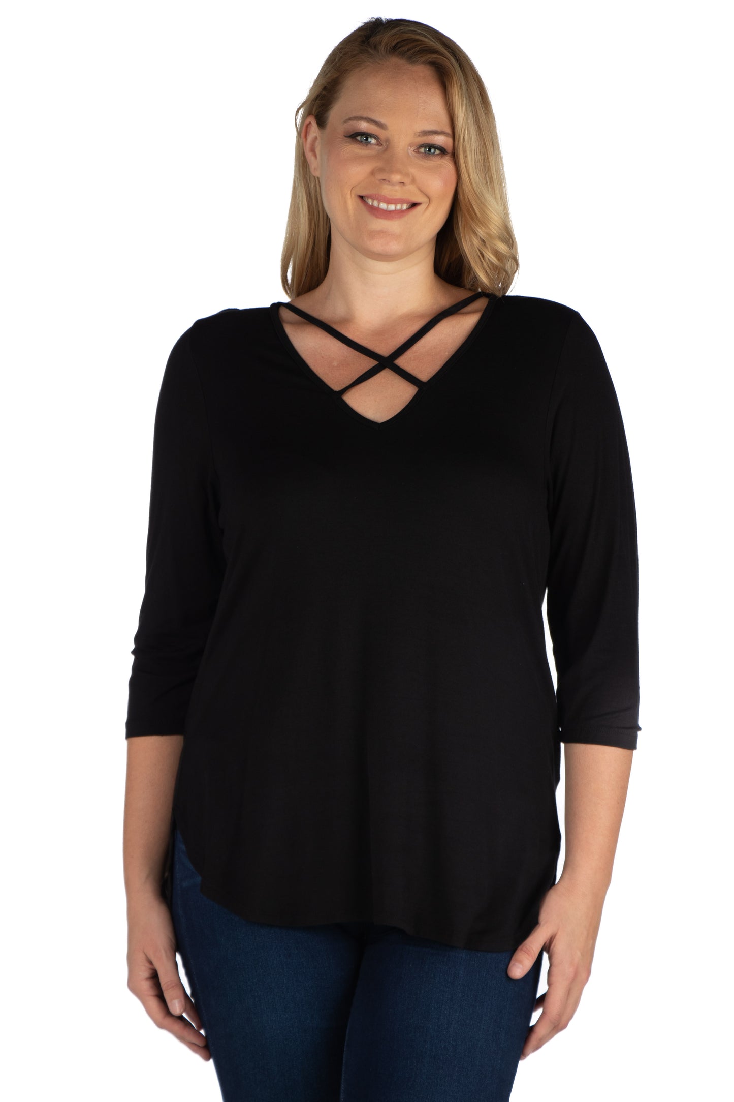 Womens Curvy Black Criss Cross Round Hemline Tunic Top