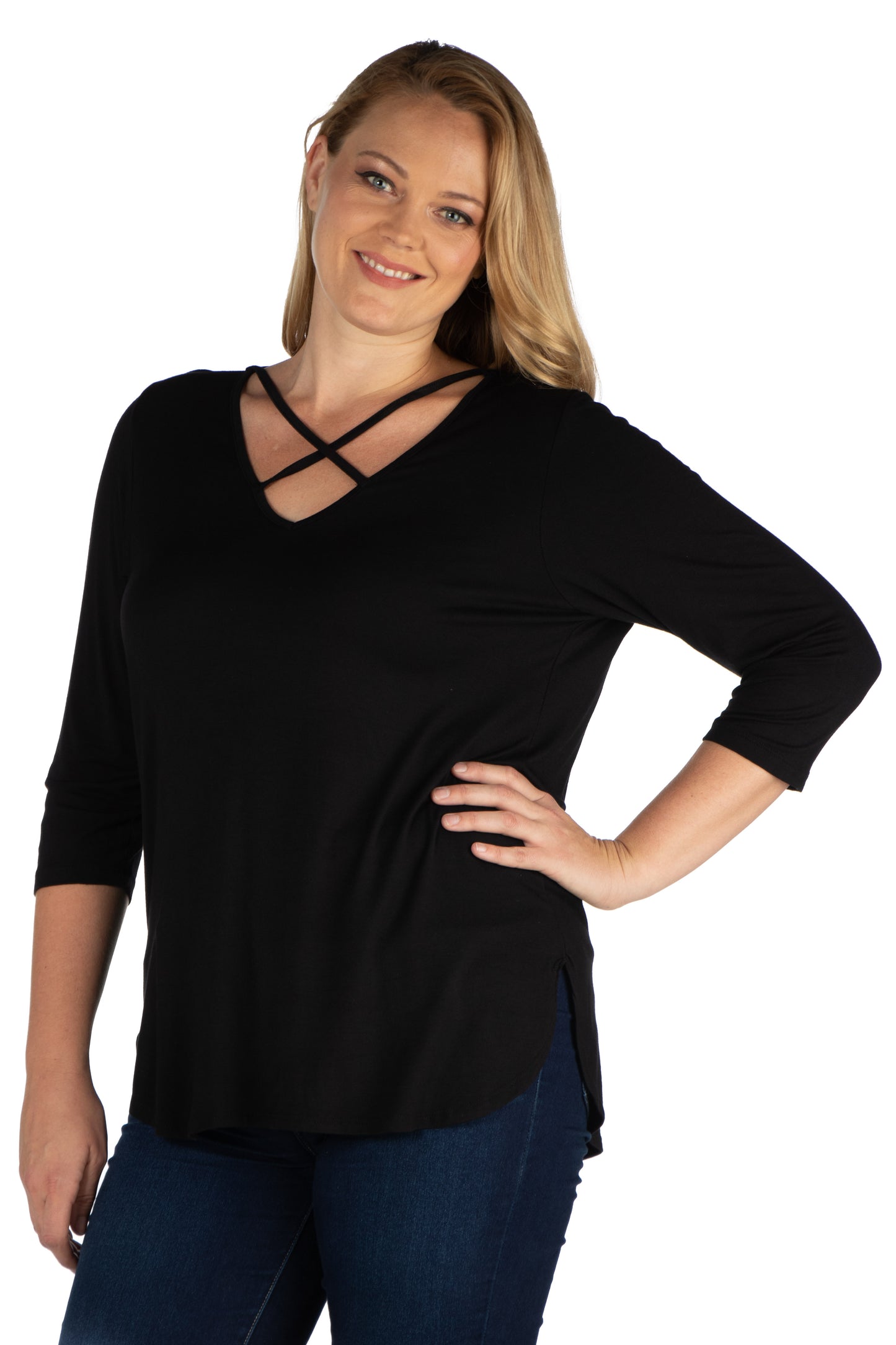 Womens Curvy Black Criss Cross Round Hemline Tunic Top