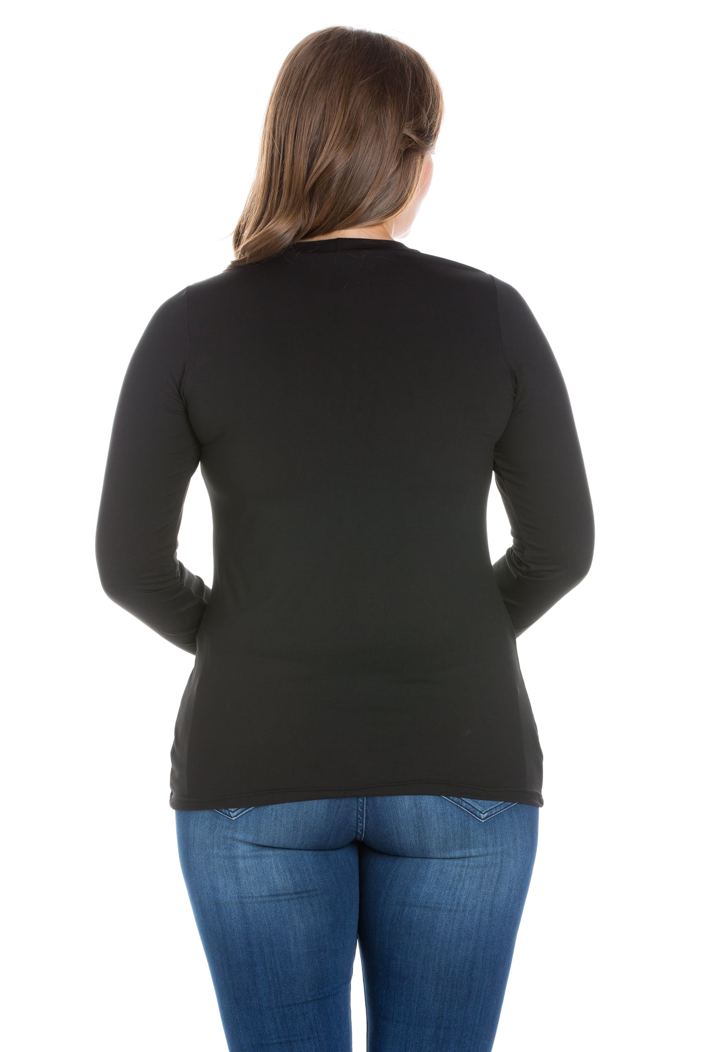 Womens Curvy Black Solid Long Sleeve Scoop Neck Womens Tee