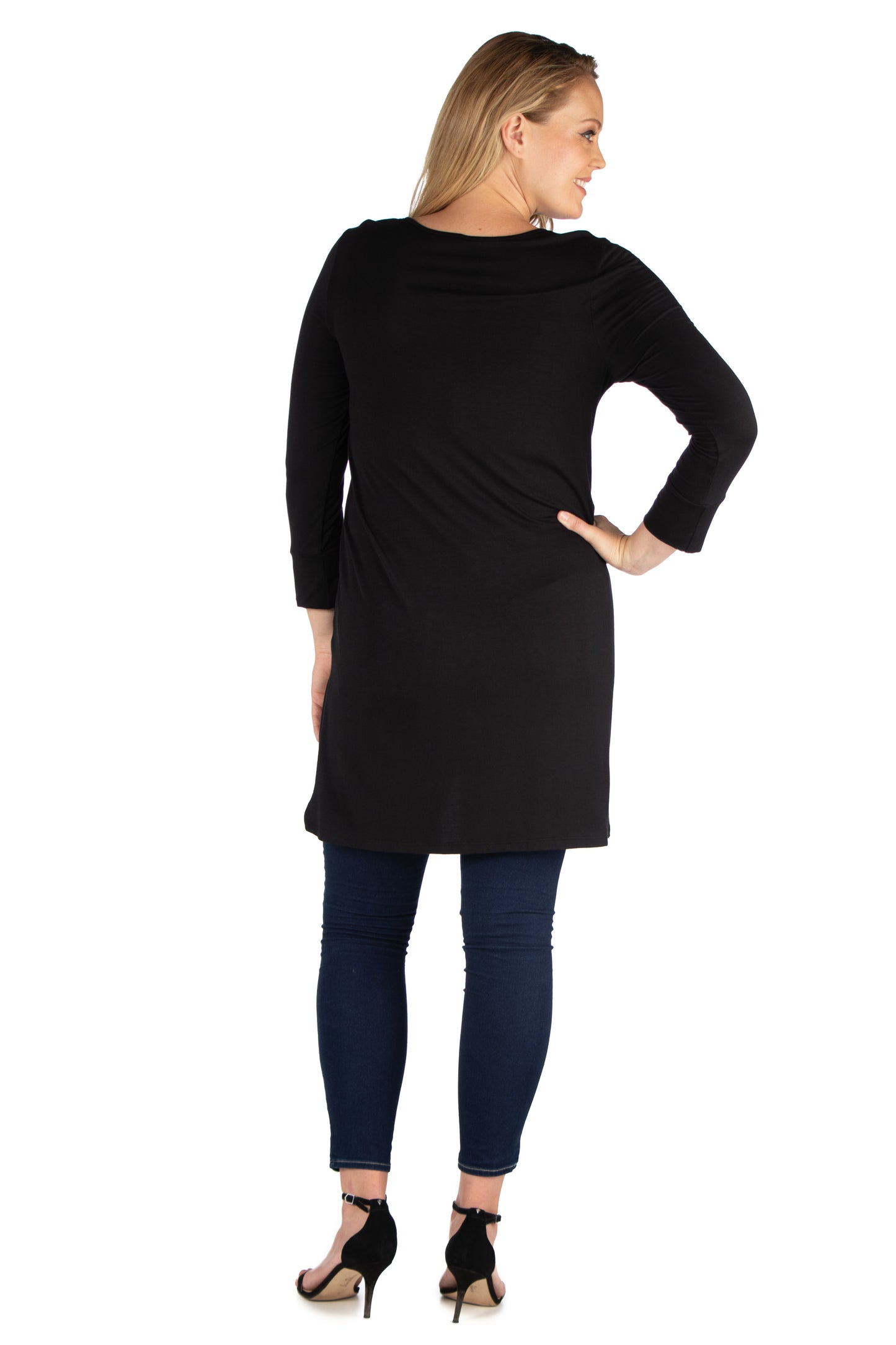 Womens Curvy Black Long Sleeve Hi Low Tunic Top