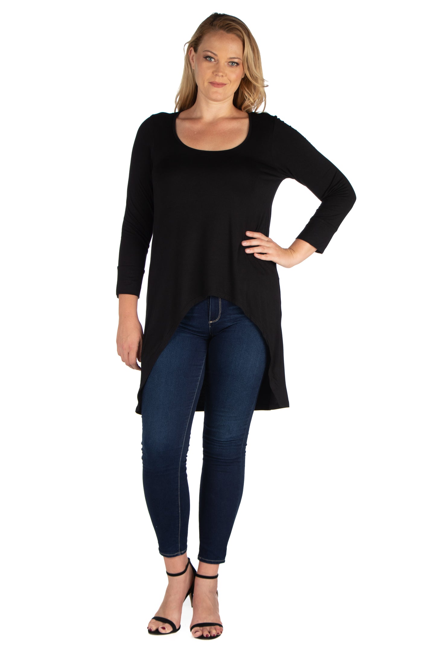 Womens Curvy Black Long Sleeve Hi Low Tunic Top