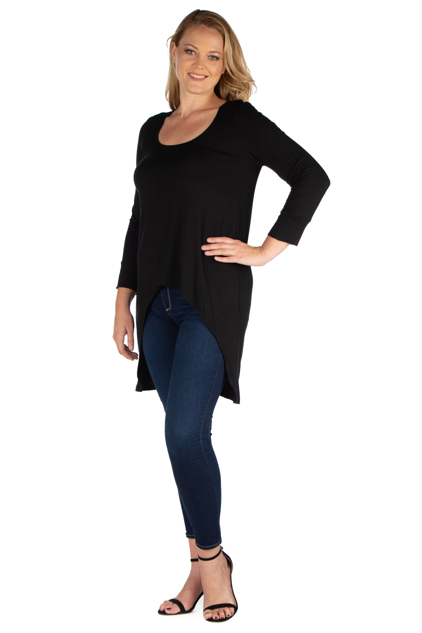 Womens Curvy Black Long Sleeve Hi Low Tunic Top