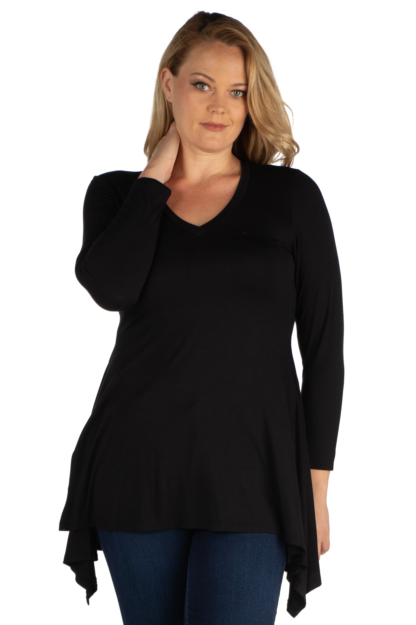 Womens Curvy Black Long Sleeve Split Hemline Tunic Top