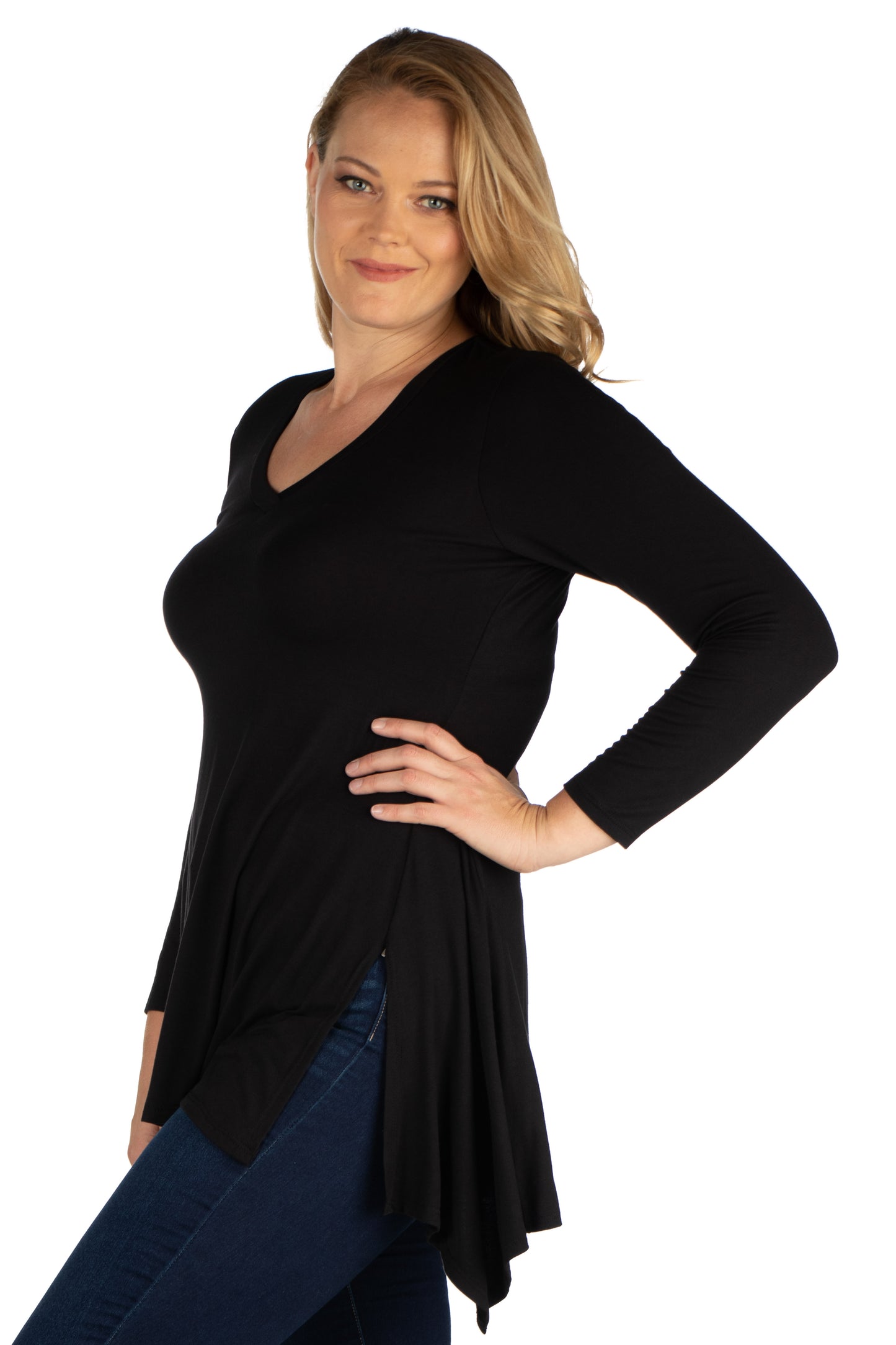 Womens Curvy Black Long Sleeve Split Hemline Tunic Top