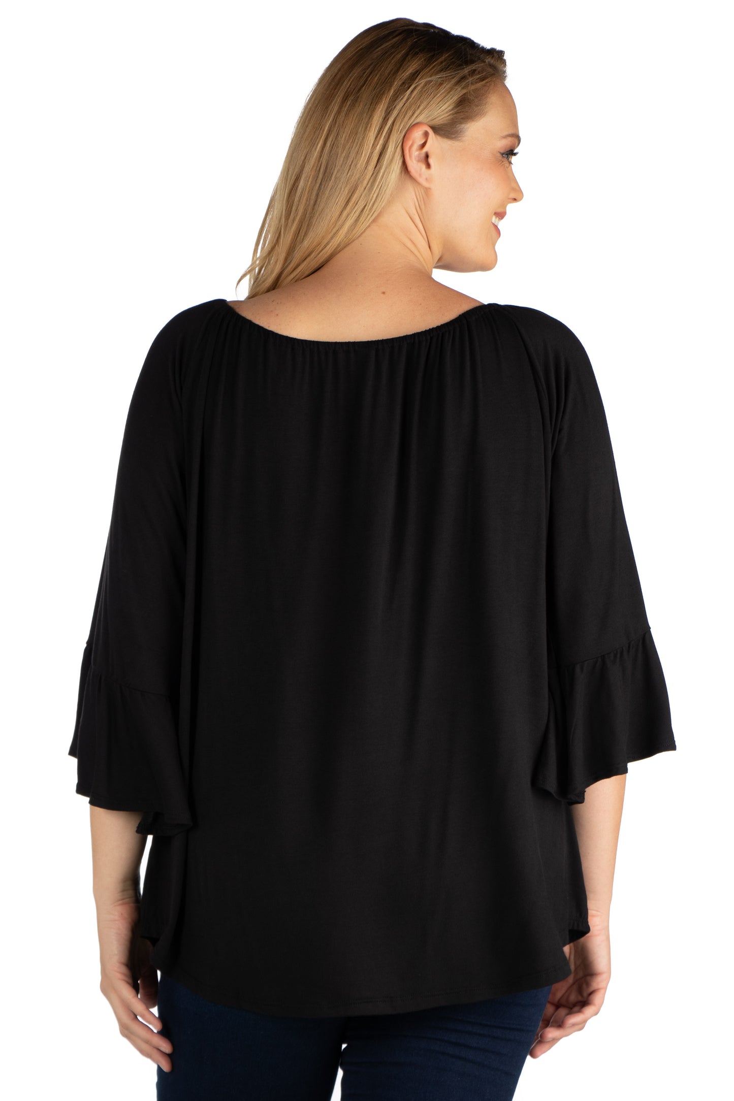 Womens Curvy Black Bell Sleeve Loose Fit Tunic Top