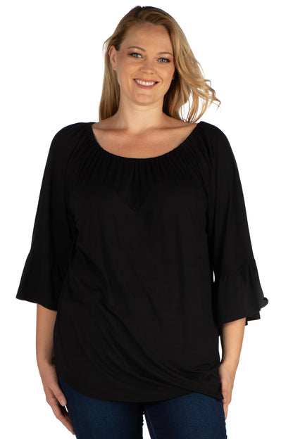 Womens Curvy Black Bell Sleeve Loose Fit Tunic Top