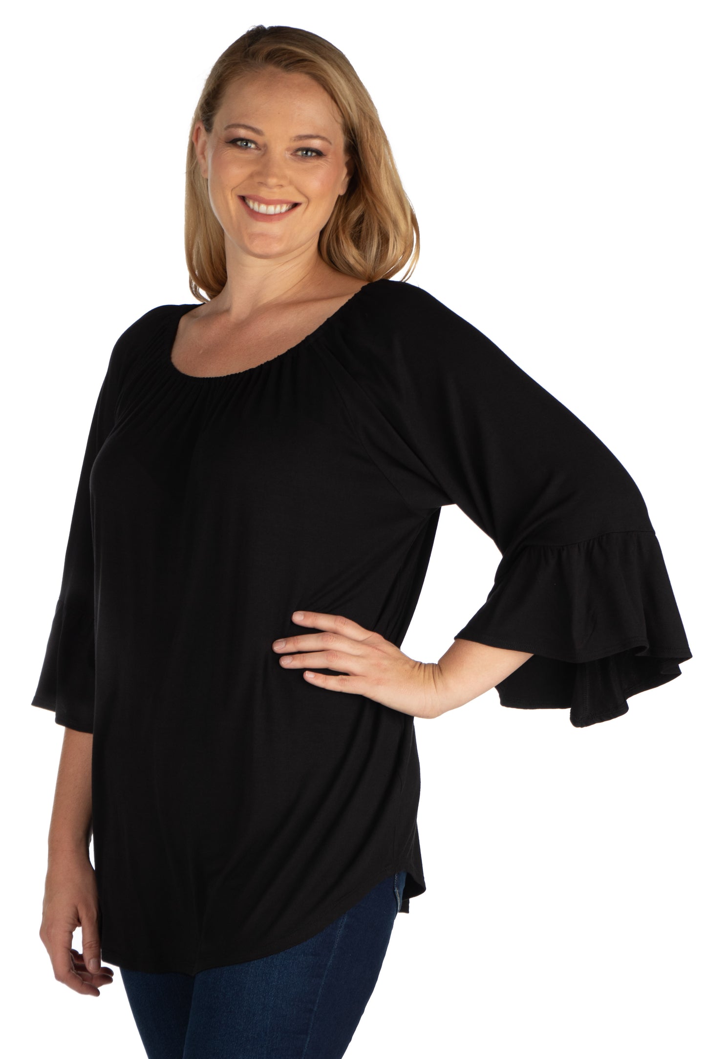 Womens Curvy Black Bell Sleeve Loose Fit Tunic Top