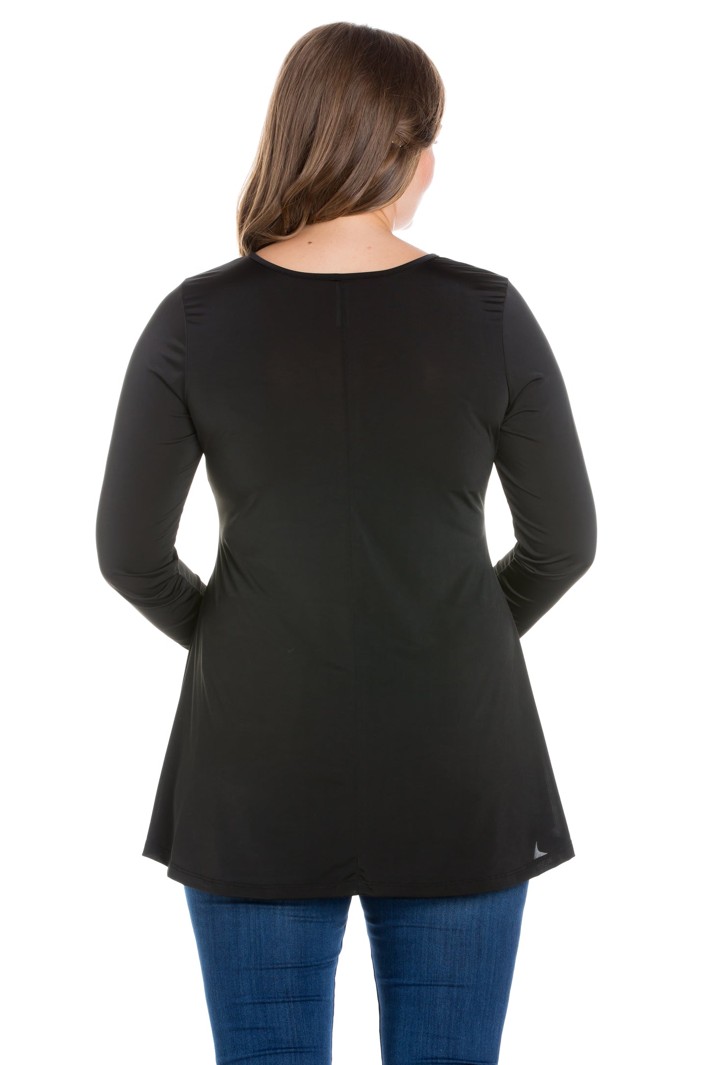 Womens Curvy Black Flared Long Sleeve Henley Tunic Top