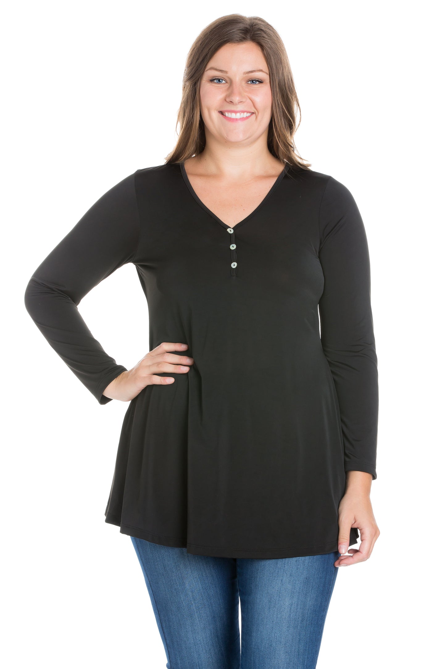 Womens Curvy Black Flared Long Sleeve Henley Tunic Top