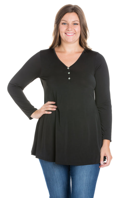 Womens Curvy Black Flared Long Sleeve Henley Tunic Top