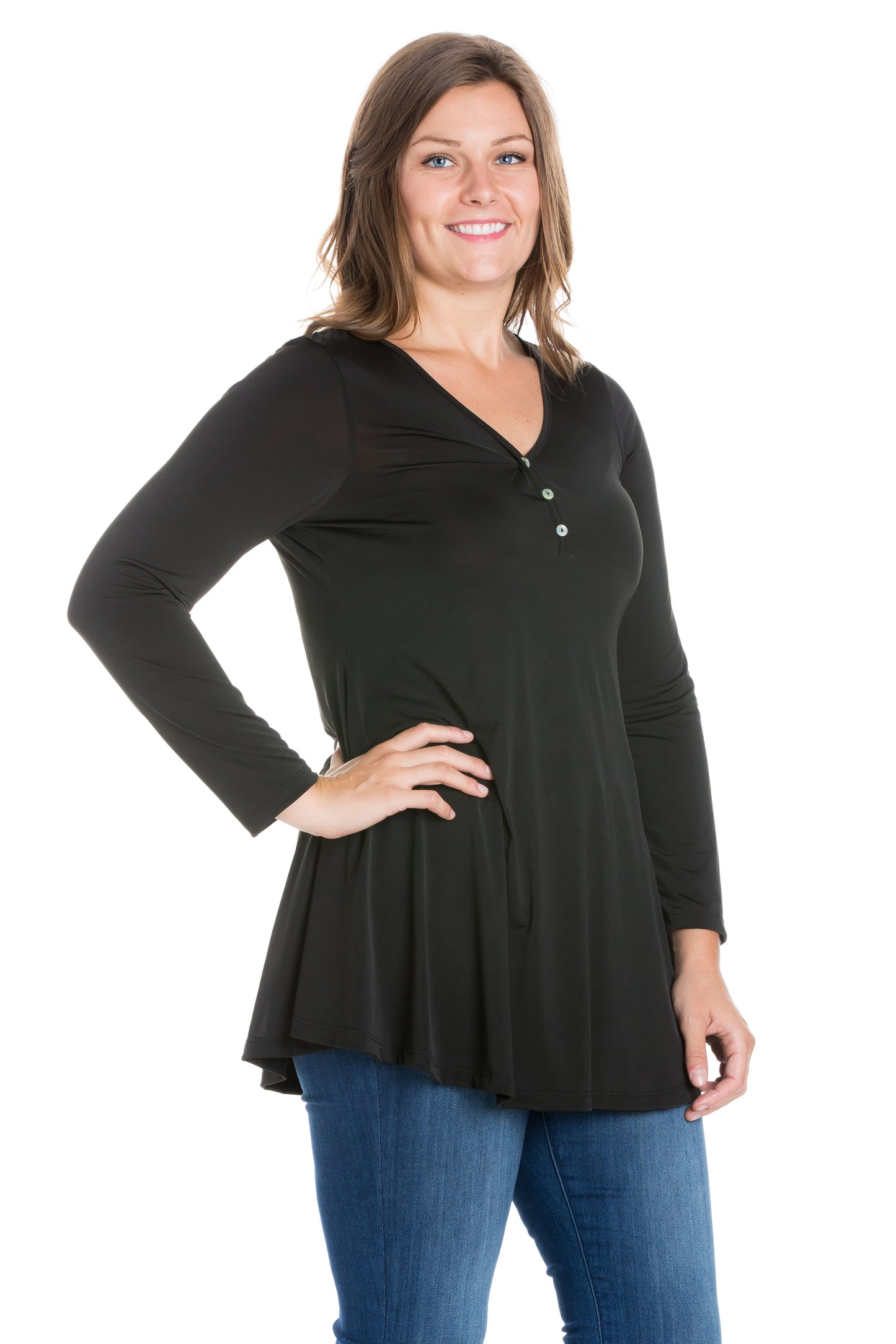 Womens Curvy Black Flared Long Sleeve Henley Tunic Top