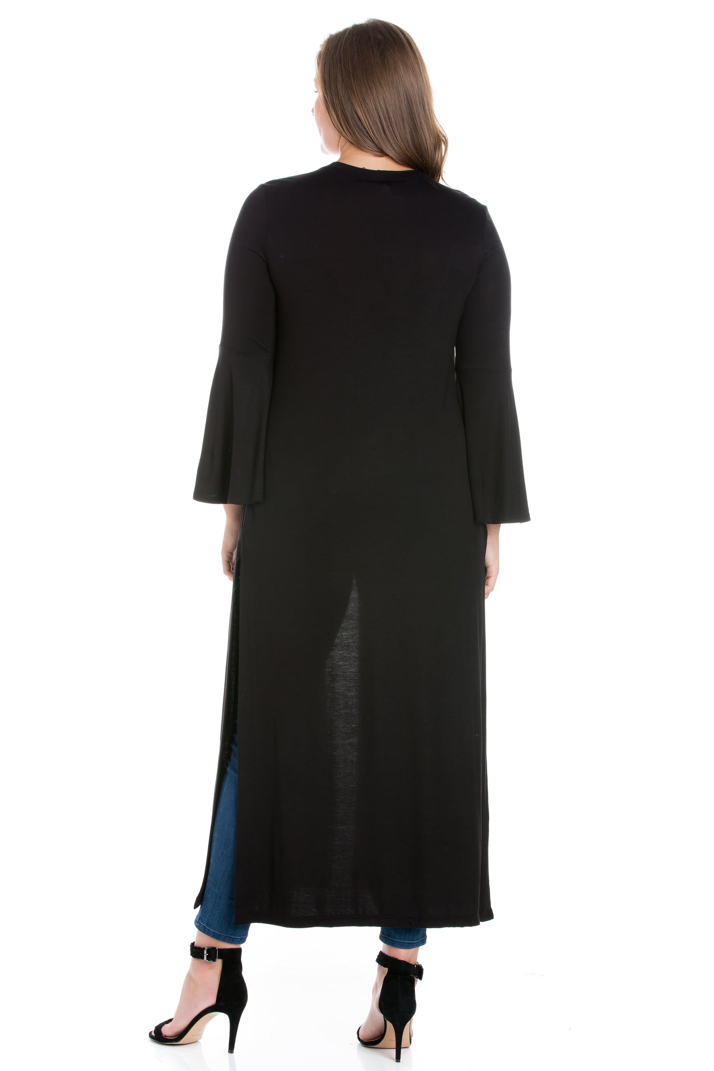 Womens Curvy Black Bell Sleeve Maxi Length Cardigan Duster