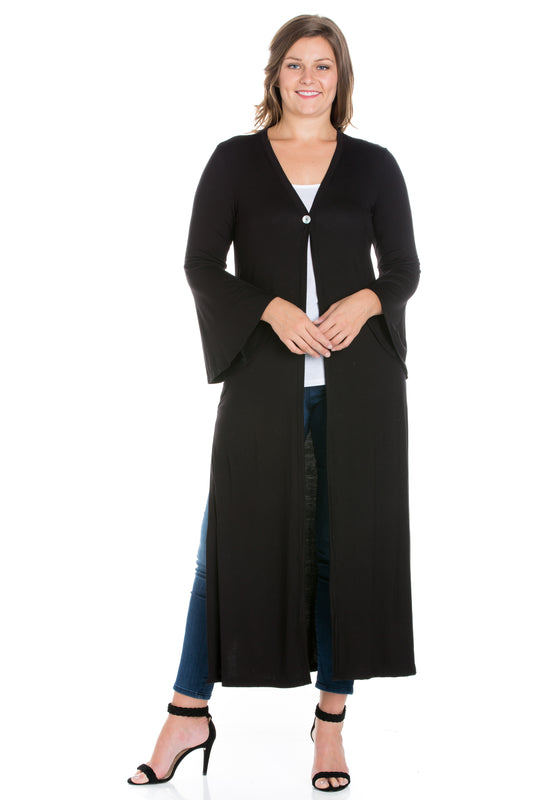 Womens Curvy Black Bell Sleeve Maxi Length Cardigan Duster