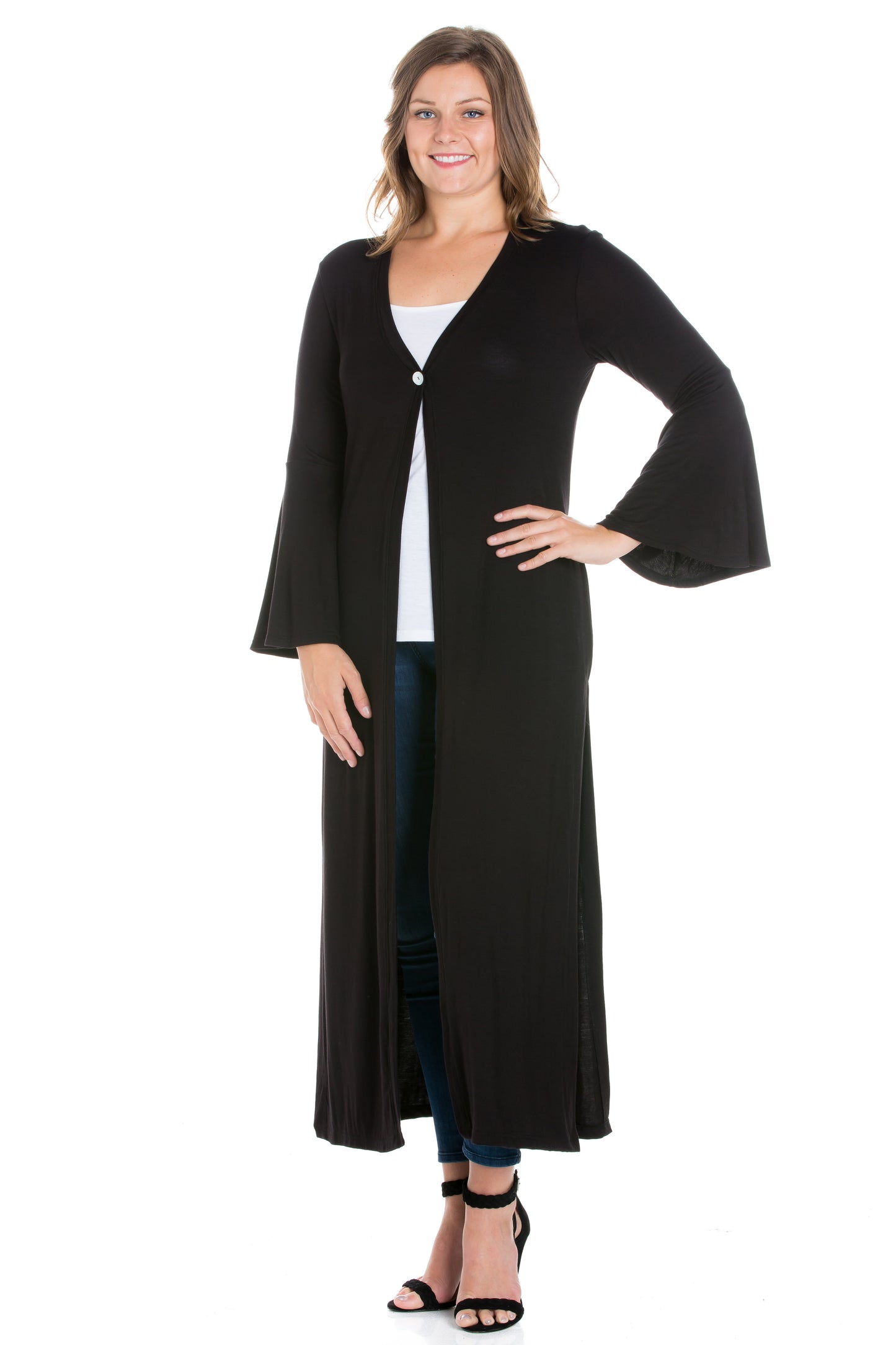 Womens Curvy Black Bell Sleeve Maxi Length Cardigan Duster