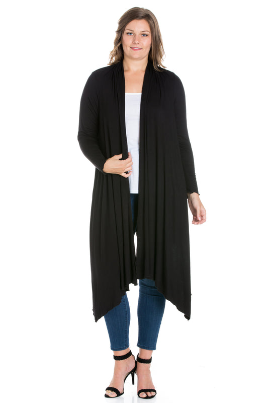 Womens Curvy Black Extra Long Open Front Cardigan